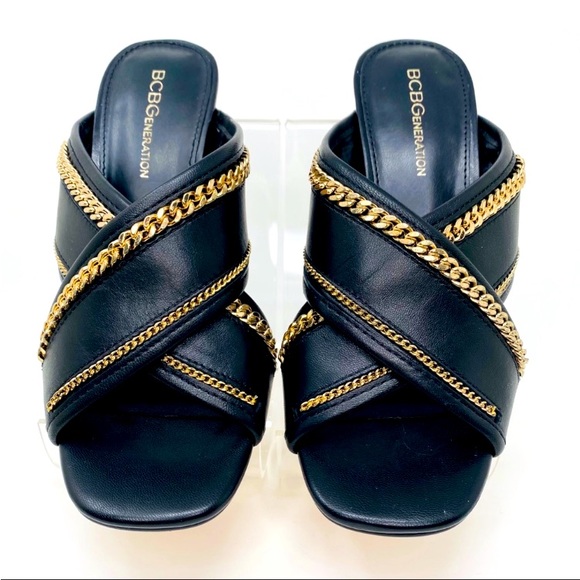 BCBGeneration WABBI BLACK LEATHER CHAIN DETAIL SLIDE-IN MULE HEELS NWOB SZ 5.5 - Picture 2 of 6